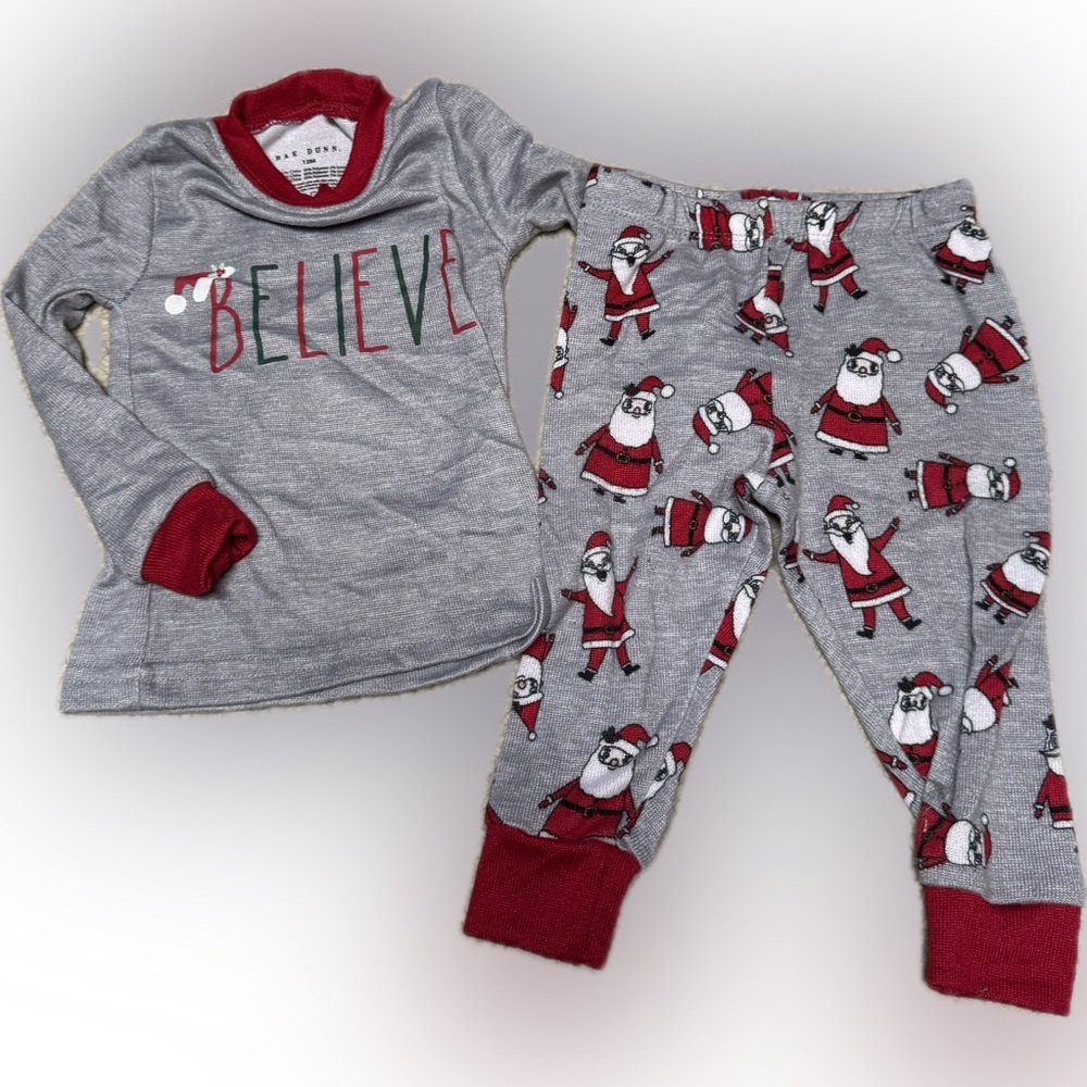 Rae Dunn Gray and Red Santa Kids Pajama Set